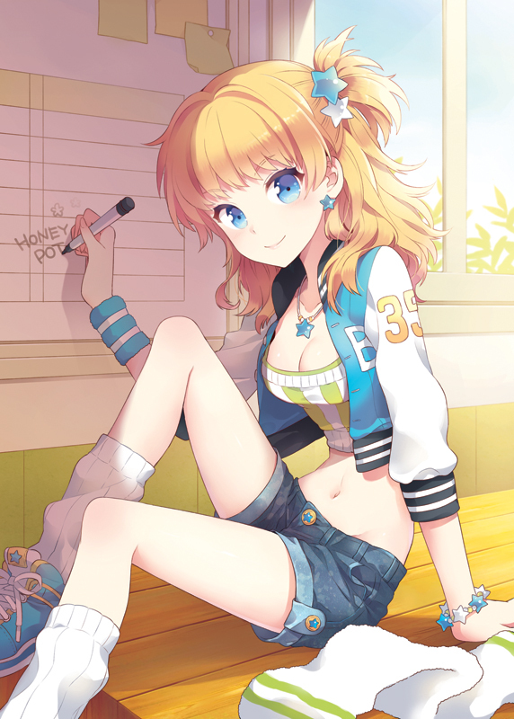 1girl, bad_id, bad_pixiv_id, blonde_hair, blue_eyes, bracelet, breasts, casual, cleavage, crop_top, denim, denim_shorts, earrings, english, jewelry, marker, midriff, nardack, navel, necklace, original, pen, shoes, shorts, side_ponytail, sitting, smile, sneakers, socks, solo, star, towel, tubetop, wristband