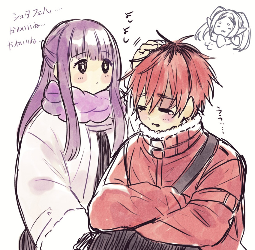 1boy, 2girls, belt, black_eyes, blush, braided_scarf, chibi, chibi_inset