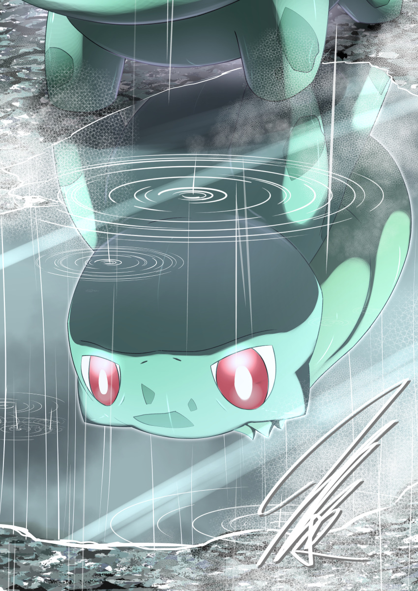 absurdres, animal_focus, bright_pupils, bulbasaur, closed_mouth, head_out_of_frame, highres, mitsukuma448, no_humans, nostrils, pokemon, pokemon_(creature), puddle, red_eyes, reflection, reflective_water, ripples, signature, solo, walking, white_pupils