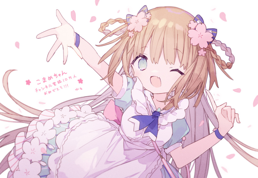 1girl, apron, artist_name, bow, brown_hair, dress, flower, green_dress