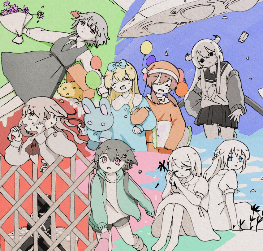 1other, 6+girls, absurdres, adipocere_(vocaloid), angel_care_(vocaloid), aqua_jacket, back-to-back, balloon