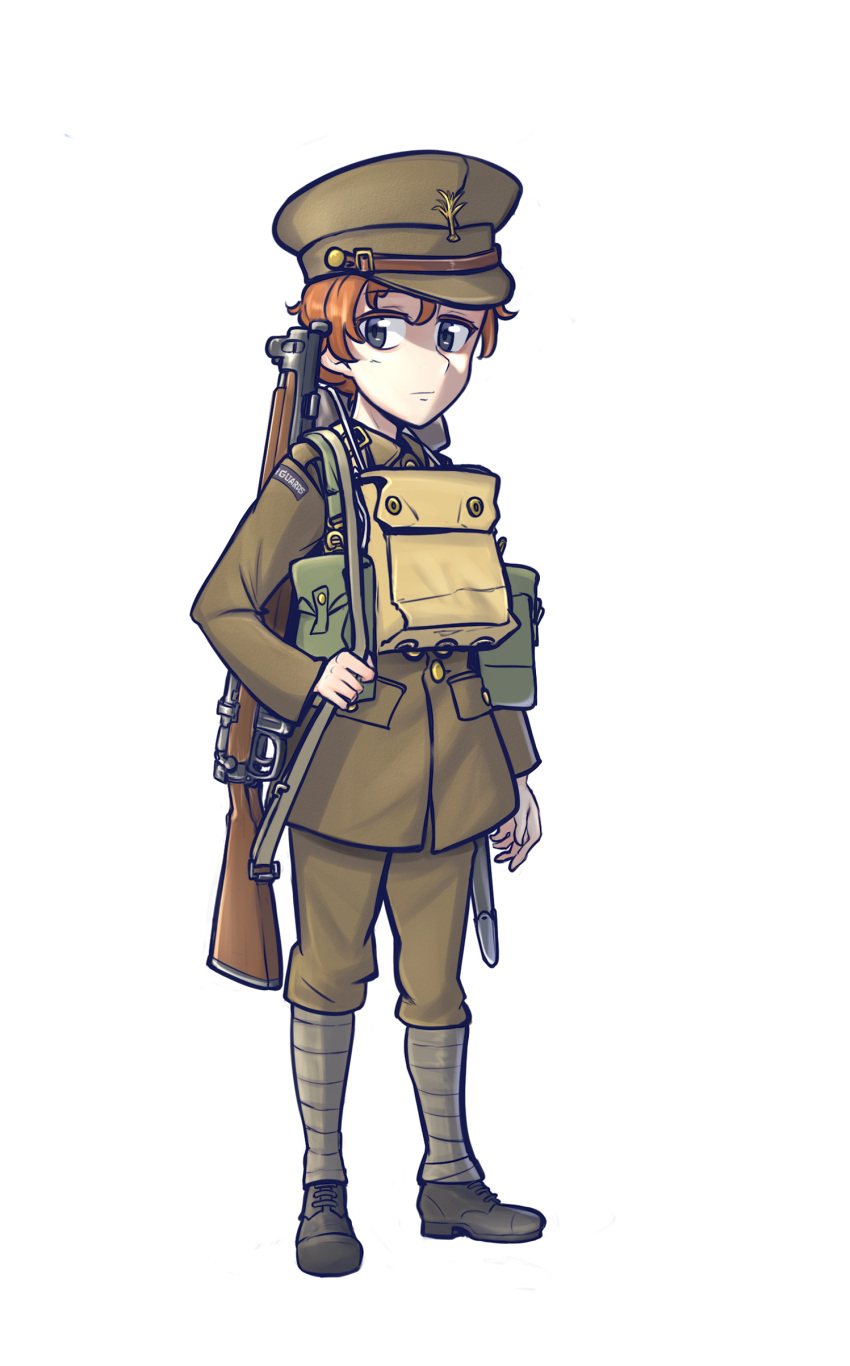 1girl, absurdres, ammunition_pouch, bayonet, black_footwear, bolt_action, boots, british_army