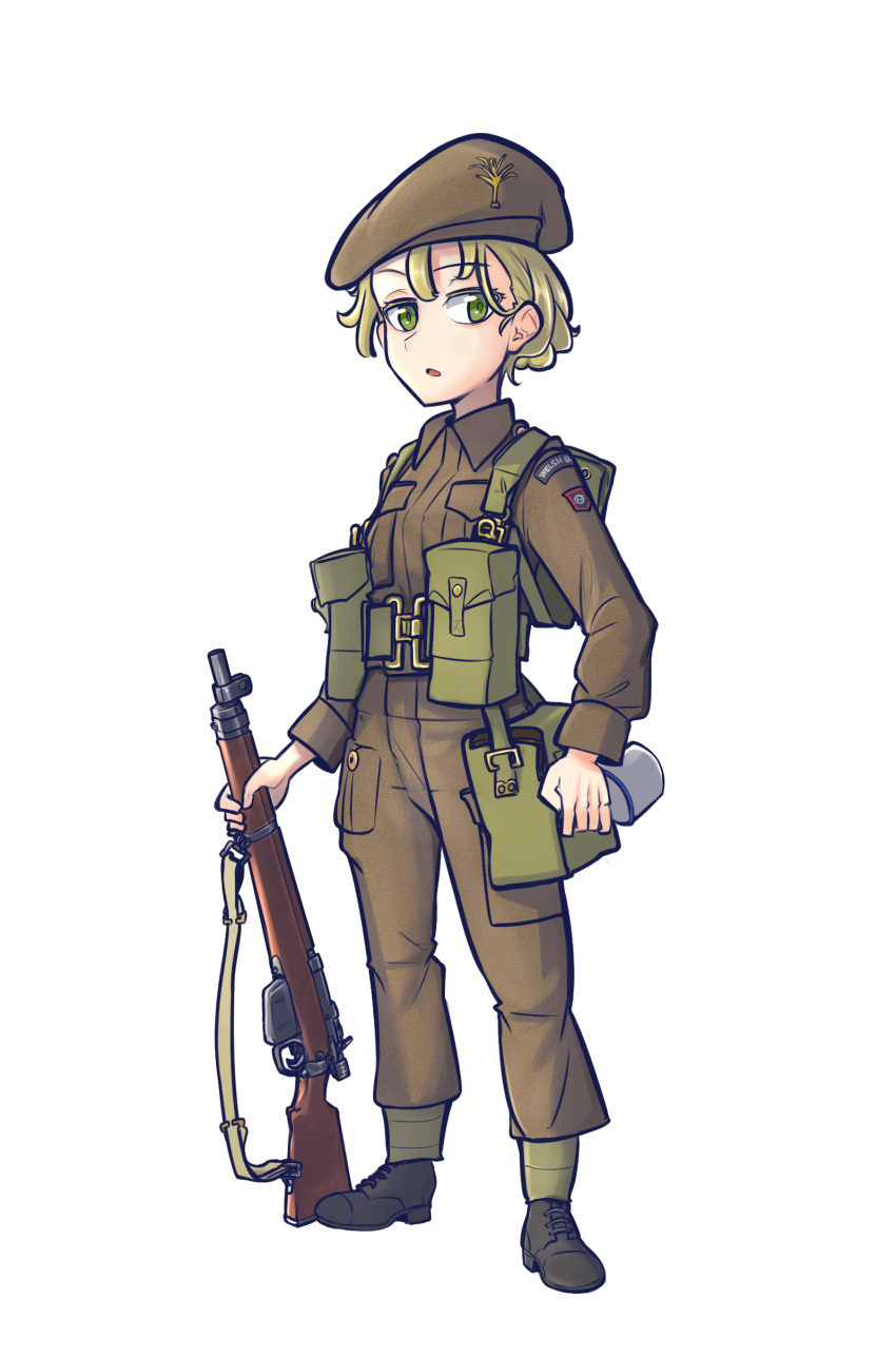 1girl, absurdres, belt, beret, black_footwear, blonde_hair, bolt_action, boots