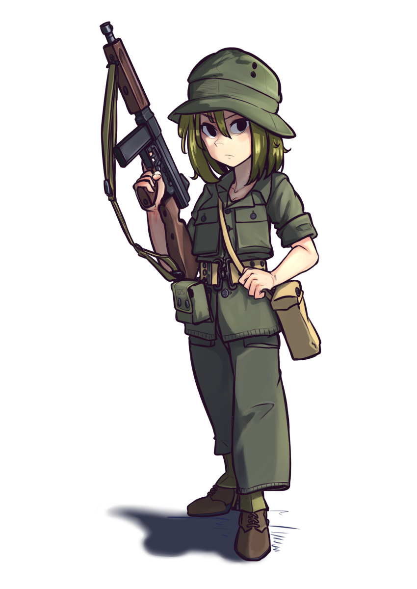 1girl, absurdres, ammunition_pouch, bag, belt, blonde_hair, boonie_hat, boots