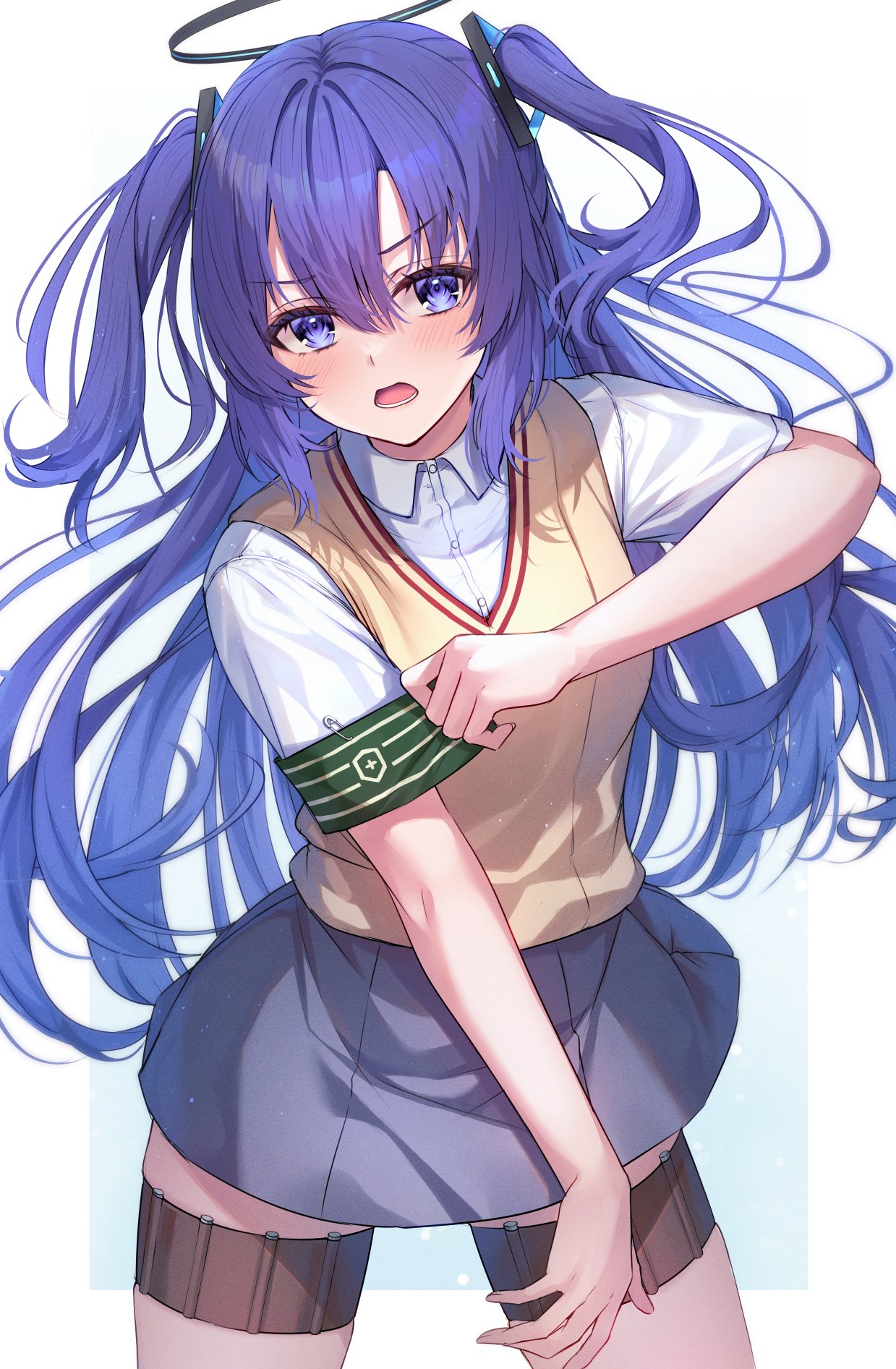 1girl, armband, blue_archive, brown_sweater_vest, collared_shirt, commentary_request, cosplay, green_armband