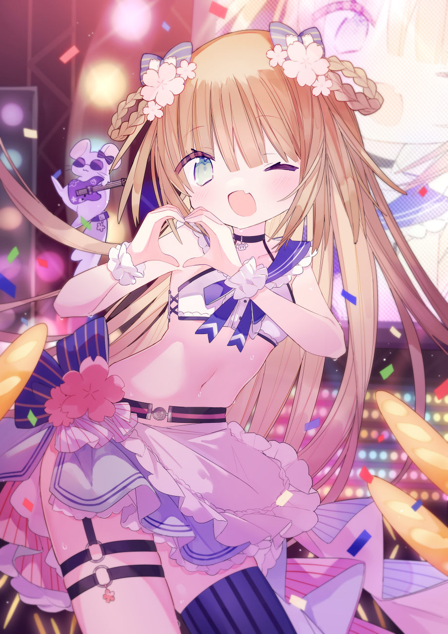 1girl, asymmetrical_legwear, bow, braid, brown_hair, flower, green_eyes, hair_bow