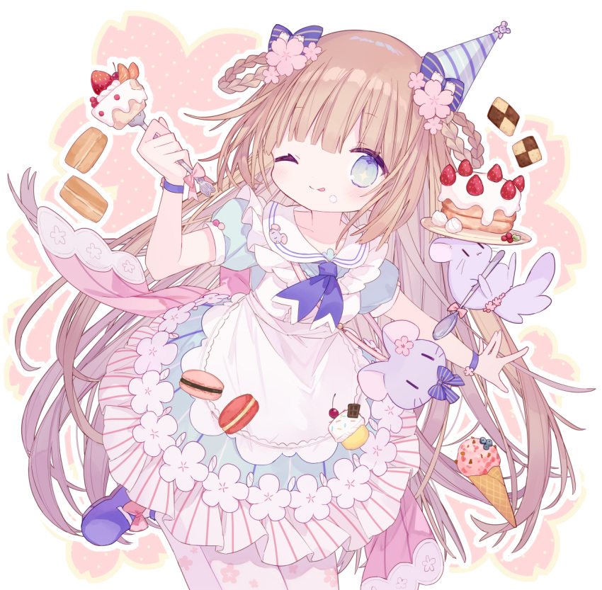 1girl, bow, braid, brown_hair, cake, flower, food, green_eyes