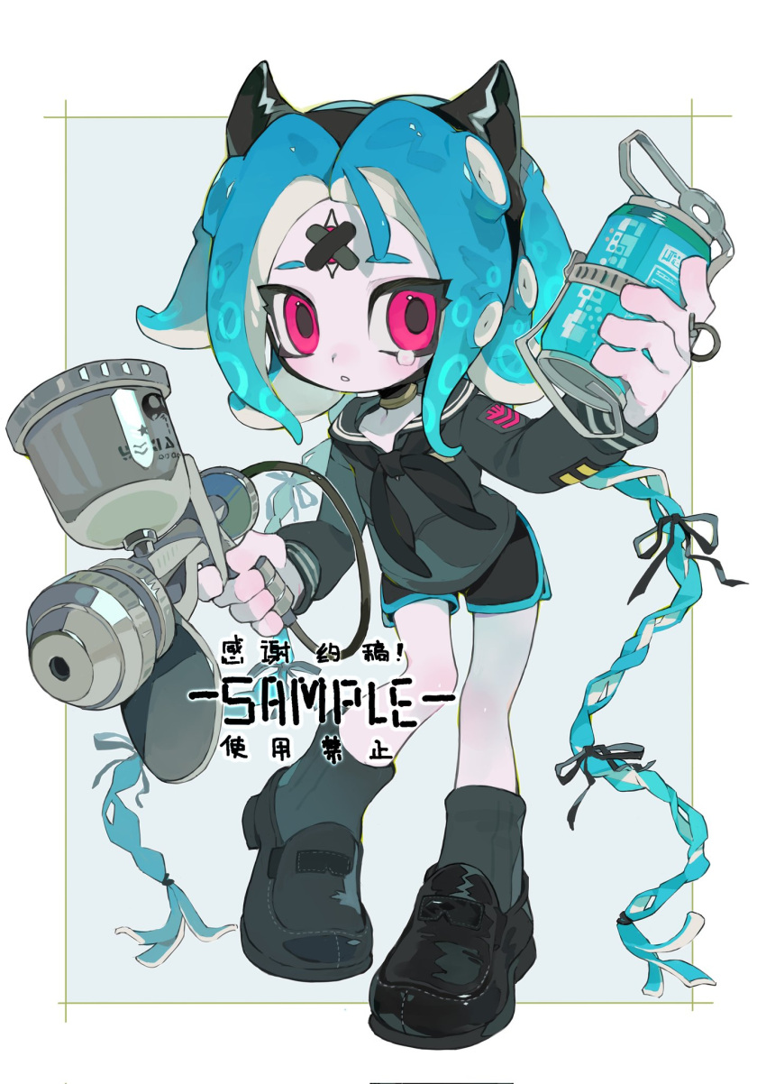 1girl, aerospray_(splatoon), bandaid, bandaid_on_face, bandaid_on_forehead, black_footwear, black_hairband, black_neckerchief, black_ribbon, black_sailor_collar, black_shirt, black_shorts, black_socks, blue_hair, blush, braid, commentary_request, crossed_bandaids, fake_horns, fizzy_bomb_(splatoon), full_body, gun, hair_ribbon, hairband, hand_up, highres, holding, holding_gun, holding_weapon, horned_headwear, horns, jewelry, loafers, long_hair, long_sleeves, looking_at_viewer, neck_ring, neckerchief, octoling, octoling_girl, p-pepper, parted_bangs, parted_lips, red_eyes, ribbon, sailor_collar, sample_watermark, shirt, shoes, short_shorts, shorts, sidelocks, sleeve_cuffs, socks, solo, splatoon_(series), suction_cups, tears, tentacle_hair, third_eye, twin_braids, very_long_hair, watermark, weapon