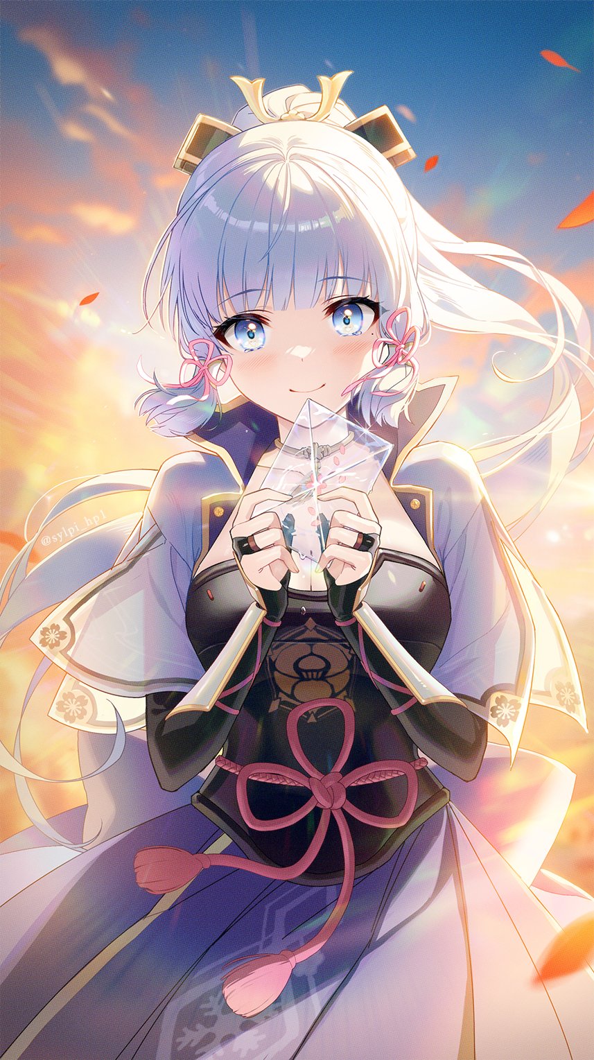 1girl, black_gloves, blue_dress, blue_eyes, blue_hair, blunt_bangs, chest_armor, closed_mouth, dress, falling_petals, fingerless_gloves, floating_hair, genshin_impact, gloves, hair_ornament, highres, holding, kamisato_ayaka, long_hair, long_sleeves, looking_at_viewer, neck_tassel, outdoors, partially_fingerless_gloves, petals, ponytail, sidelocks, smile, solo, sylpi, tassel, tassel_hair_ornament, upper_body