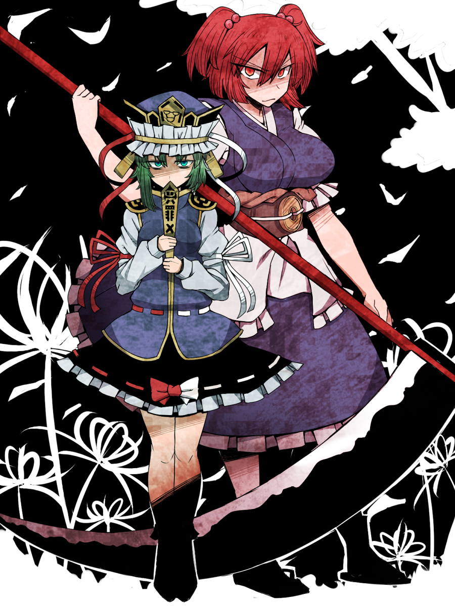 2girls, asymmetrical_hair, black_background, black_skirt, blue_eyes, blue_headwear, blue_kimono, blue_vest