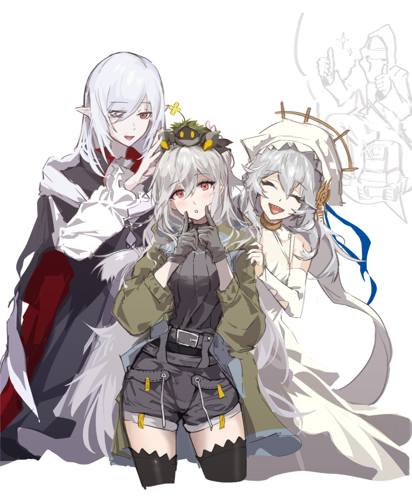 1other, 3girls, absurdres, arknights, black_gloves, black_jacket, black_thighhighs, blush
