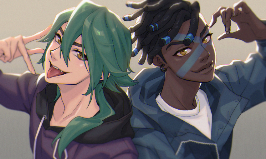 2boys, absurdres, aji_yuna, black_hoodie, brown_background, brown_hair, closed_mouth, dark-skinned_male, dark_skin, dreadlocks, earrings, ekko_(league_of_legends), ezreal, fang, gradient_background, green_hair, green_hoodie, hair_ornament, hand_up, heartsteel_ezreal, highres, hood, hoodie, jewelry, league_of_legends, long_hair, long_sleeves, looking_at_viewer, male_focus, multiple_boys, orange_eyes, ponytail, simple_background, smile, teeth, tongue, tongue_out, true_damage_ekko, upper_body, upper_teeth_only