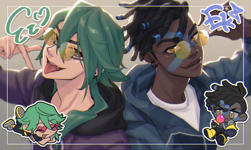 2boys, absurdres, aji_yuna, black_hoodie, brown_background, brown_hair, chibi, closed_mouth