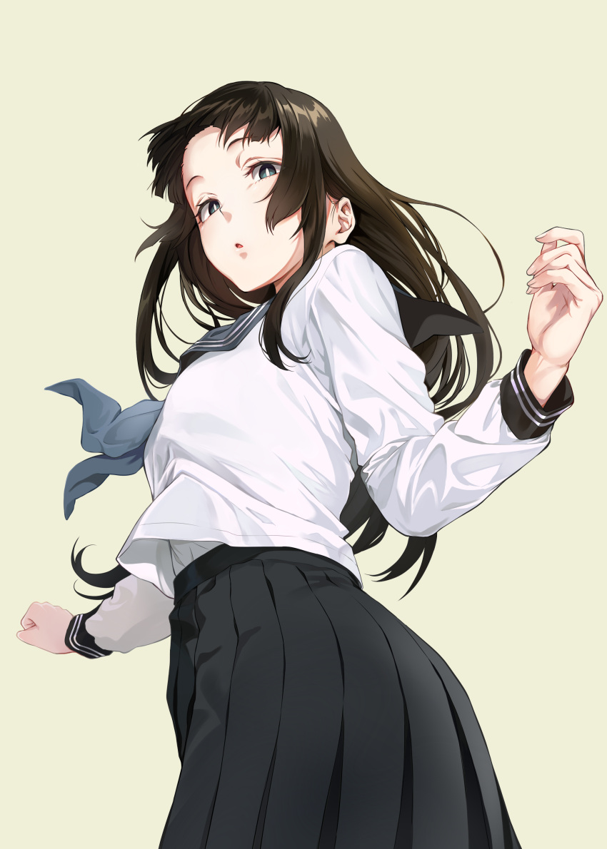 1girl, :o, absurdres, arms_at_sides, black_hair, black_skirt, blue_neckerchief, blue_sailor_collar
