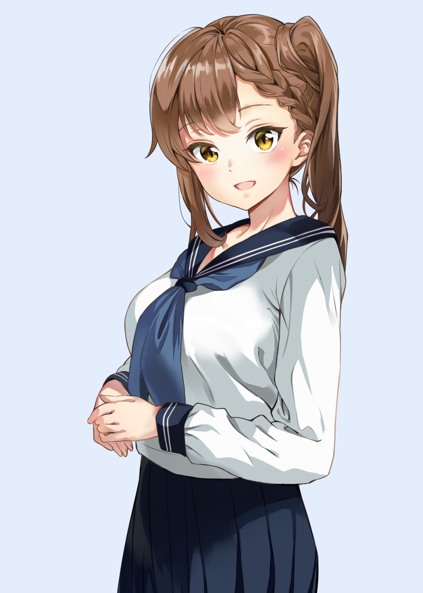 1girl, absurdres, blue_background, blue_neckerchief, blue_sailor_collar, blue_skirt, blush, braid, brown_hair, highres, kotobuki_hisako, long_hair, long_sleeves, looking_at_viewer, neckerchief, open_mouth, own_hands_together, pleated_skirt, sailor_collar, sayuuiede, school_uniform, seitokai_nimo_anawa_aru!, serafuku, shirt, side_braid, simple_background, skirt, solo, twintails, uneven_twintails, white_shirt, yellow_eyes