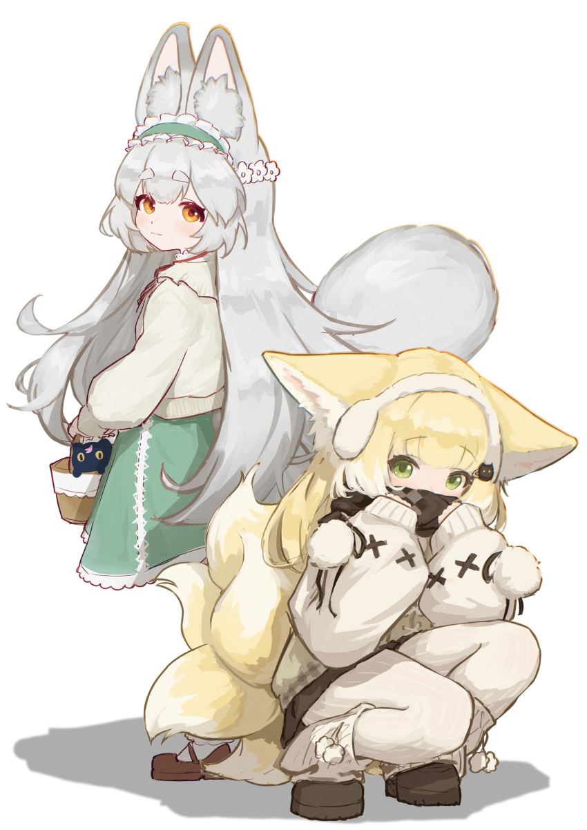 2girls, absurdres, animal_ears, arknights, basket, black_scarf, blonde_hair, borrowed_character, brown_footwear, cardigan, cat_ears, cat_girl, cat_hair_ornament, cat_tail, chack520, chinese_commentary, closed_mouth, colored_tips, commentary, cosplay, costume_switch, covering_mouth, cross-laced_clothes, cross-laced_skirt, cross-laced_slit, earmuffs, feifei_(shiofeifei), flower, fox_girl, fox_tail, frilled_hairband, frills, green_eyes, green_hairband, green_skirt, grey_hair, hair_flower, hair_ornament, hairband, highres, holding, holding_basket, kitsune, kyuubi, long_hair, long_sleeves, looking_at_viewer, looking_back, mary_janes, multicolored_hair, multiple_girls, multiple_tails, orange_eyes, original, puffy_long_sleeves, puffy_sleeves, scarf, shoes, simple_background, skirt, sleeves_past_wrists, squatting, suzuran_(arknights), suzuran_(arknights)_(cosplay), suzuran_(spring_praise)_(arknights), tail, thick_eyebrows, two-tone_hair, very_long_hair, white_background, white_hair, yellow_cardigan