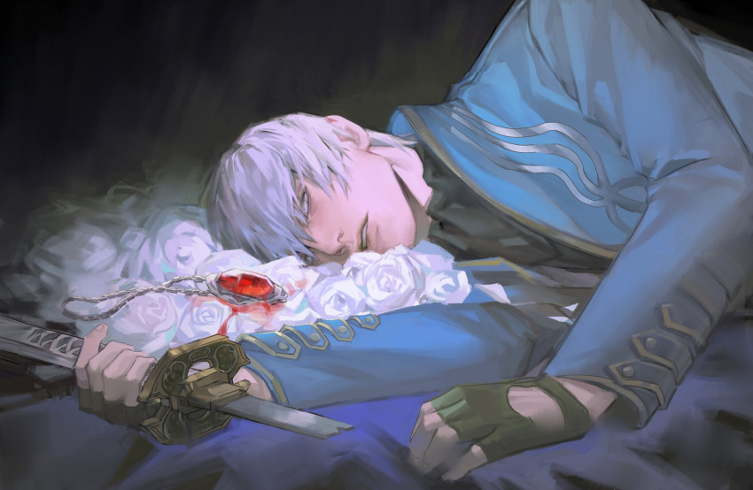 1boy, abionicsheep, bishounen, blue_flower, devil_may_cry_(series), flower, hair_down, highres