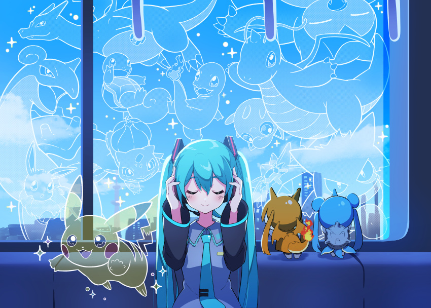 1girl, absurdres, bulbasaur, charizard, charmander, closed_eyes, closed_mouth, collared_shirt