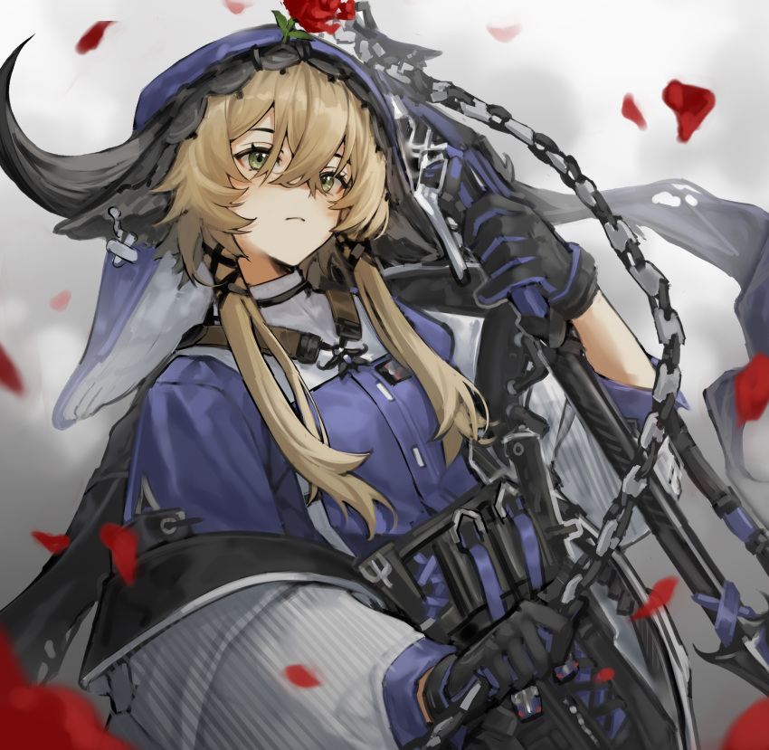 1girl, absurdres, animal_ears, arknights, black_gloves, blue_shirt, brown_hair, closed_mouth