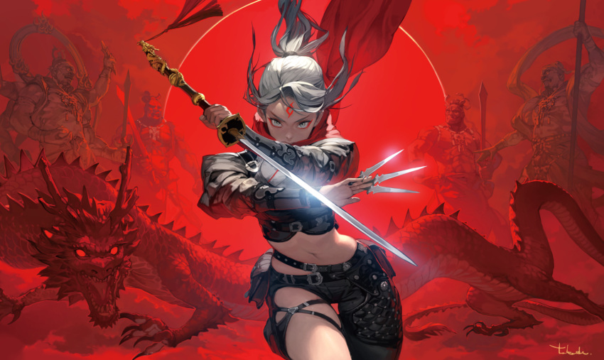 1girl, 4boys, asymmetrical_pants, belt, crop_top, dragon, eastern_dragon, facial_mark, flesh_and_blood, forehead_mark, grey_eyes, grey_hair, highres, holding, holding_sword, holding_weapon, kunai, long_hair, looking_at_viewer, midriff, multiple_boys, official_art, ponytail, red_background, sword, takayama_toshiaki, weapon
