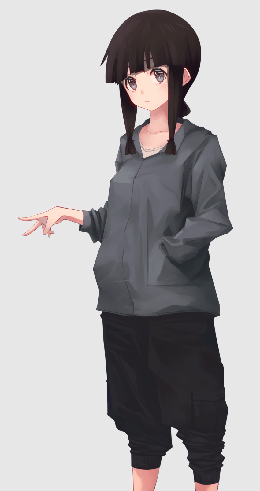 1girl, absurdres, alternate_costume, black_hair, black_pants, blunt_bangs, braid, feet_out_of_frame