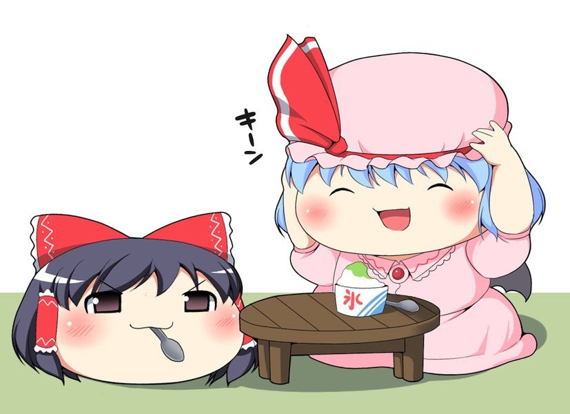 black_hair, blue_hair, blush, bow, brown_eyes, closed_eyes, dress, hair_bow, hakurei_reimu, hat, kyokutou_hentai_samurai, open_mouth, remilia_scarlet, shaved_ice, short_hair, spoon, table, touhou, wings, yukkuri_shiteitte_ne