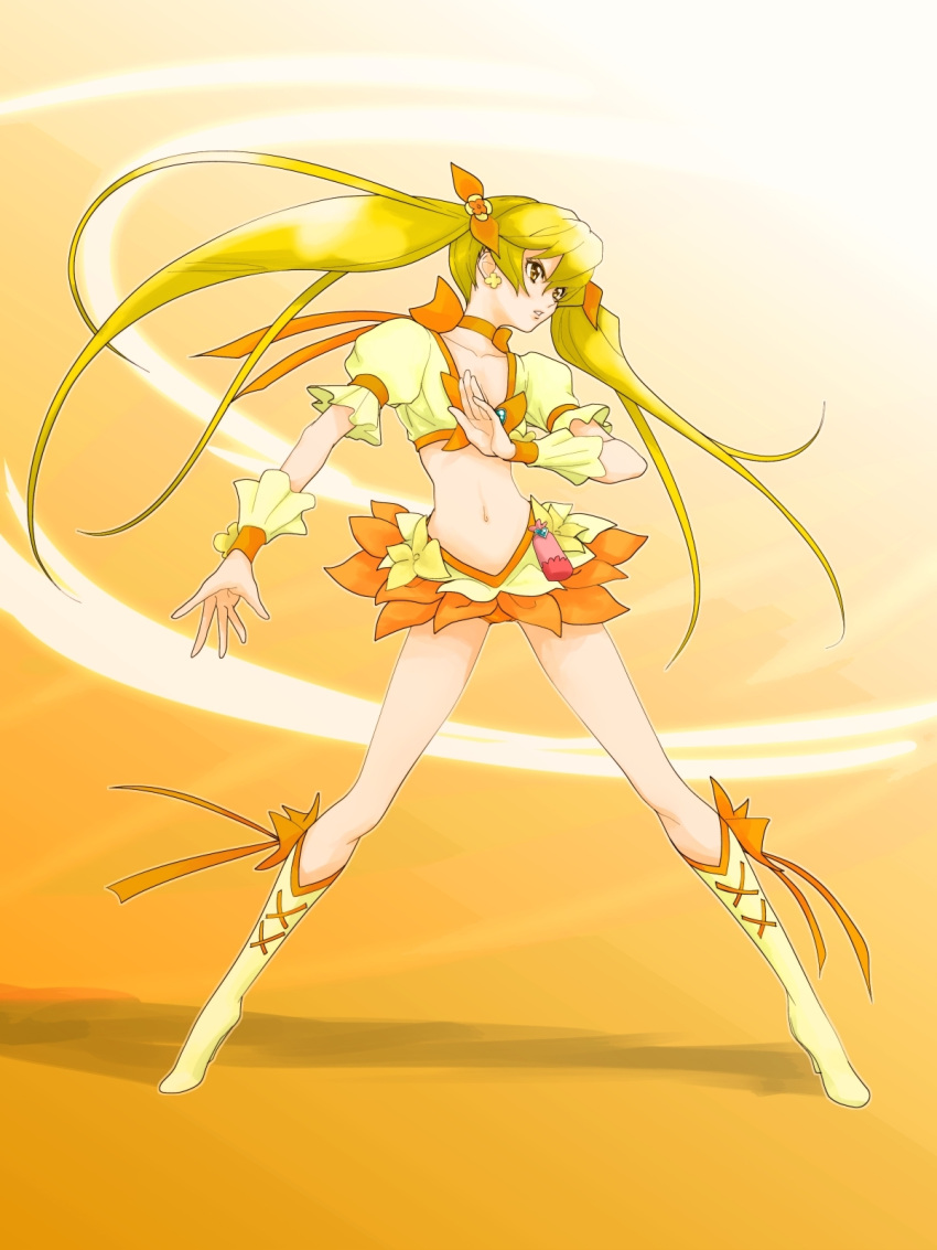 agahat, blonde_hair, boots, cure_sunshine, futari_wa_precure, hair_ribbon, heartcatch_precure!, high_heels