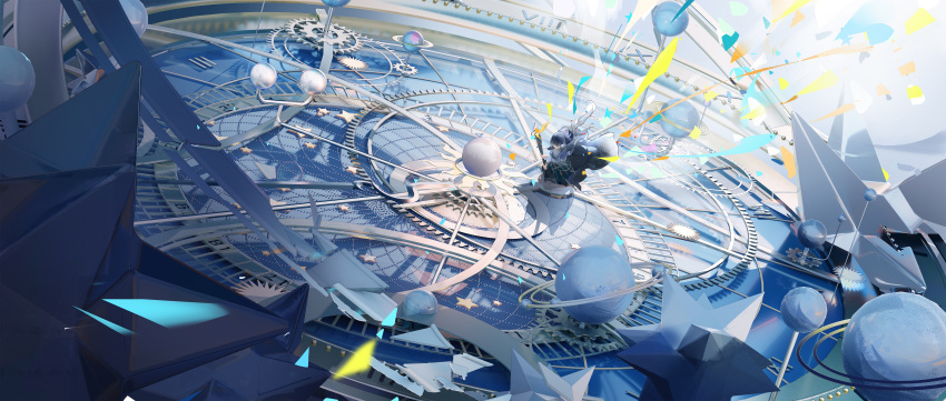 1girl, absurdres, arknights, armillary_sphere, astesia_(arknights), astronomical_clock, blue_hair, coffea80903