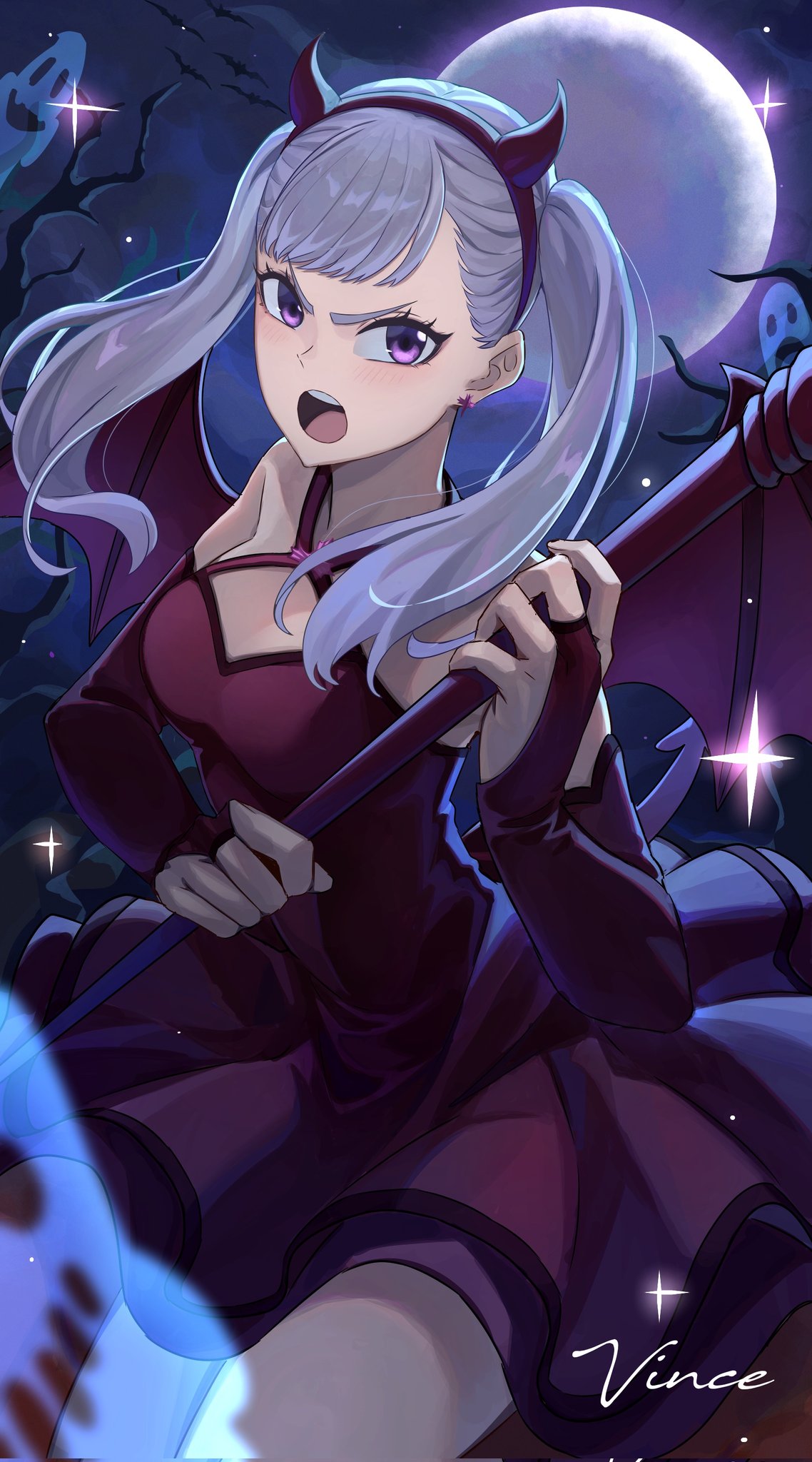 1girl, artist_name, black_clover, demon_costume, demon_wings, dress, full_moon, grey_hair