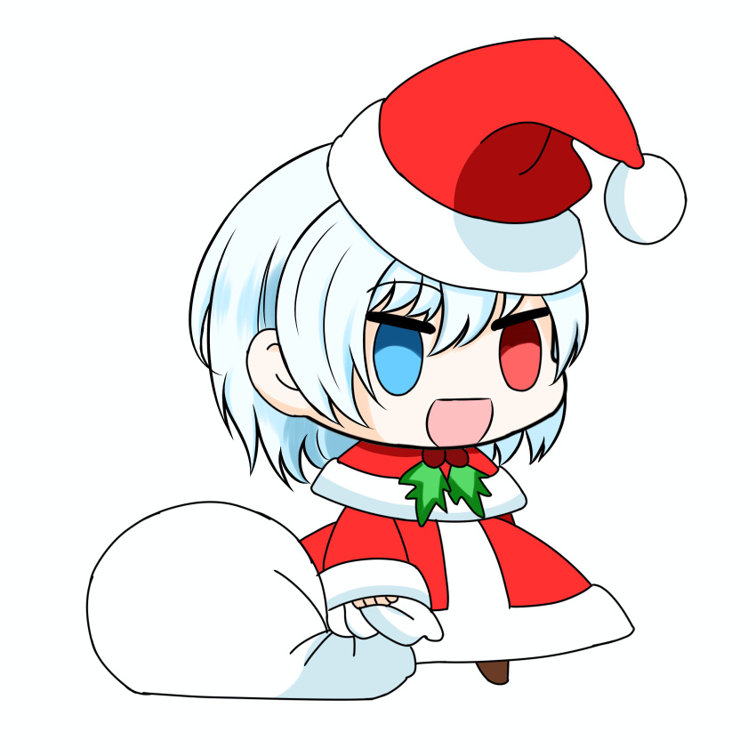 1girl, absurdres, bag, chibi, christmas, dress, hat, heterochromia