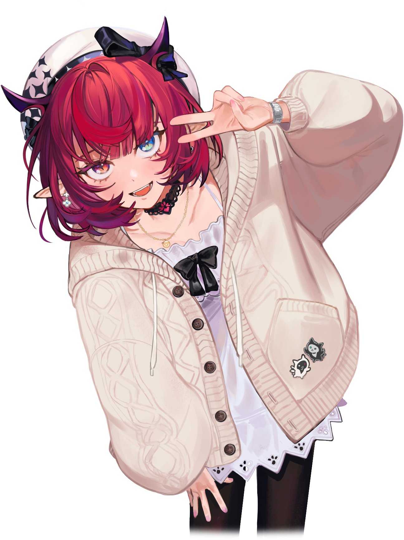 1girl, bent_over, beret, black_bow, black_choker, black_pants, bloom_(irys), blue_eyes