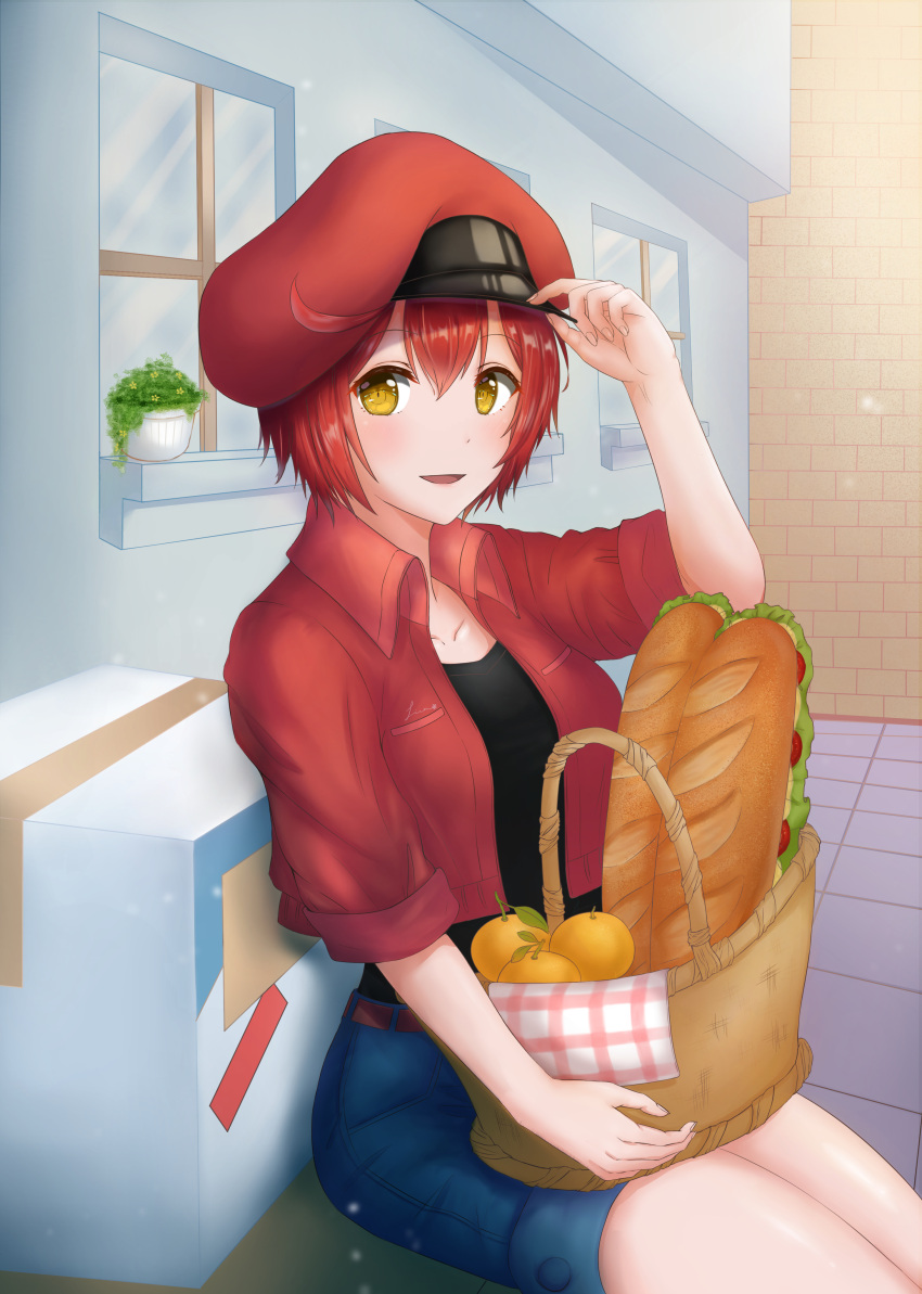 1girl, :d, absurdres, adjusting_clothes, adjusting_headwear, ae-3803, basket, belt