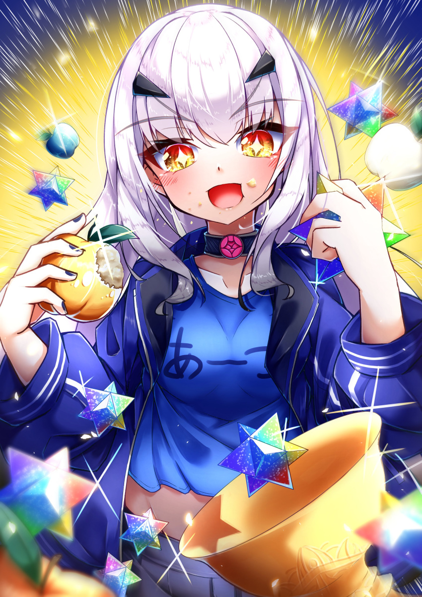 1girl, absurdres, apple, arts_shirt, black_nails, blue_jacket, eating, fate/grand_order