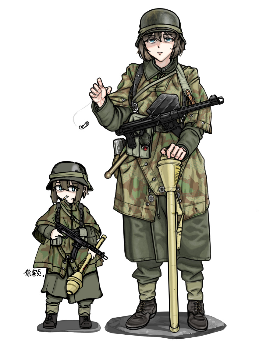 2girls, absurdres, age_difference, blue_eyes, brown_hair, camouflage, camouflage_jacket, chibi, cigarette, combat_helmet, green_headwear, green_jacket, green_pants, gun, helmet, highres, jacket, military_uniform, multiple_girls, original, pants, panzerfaust, pps-43, smoking, stahlhelm, submachine_gun, uniform, weapon, wehrmacht, white_background, woodland_camouflage, x9273538088516