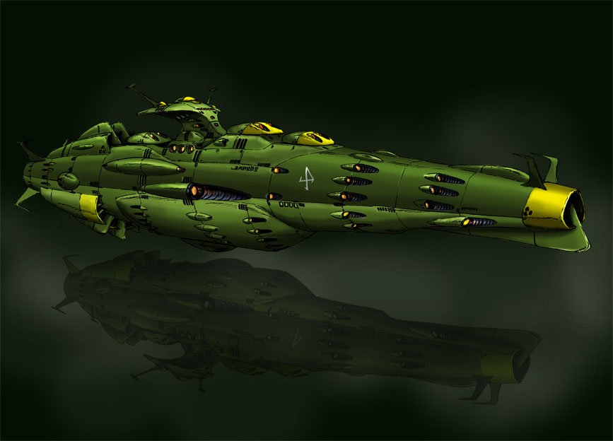 70s, alien, artist_request, battleship, floating, flying, gamilon, ocean