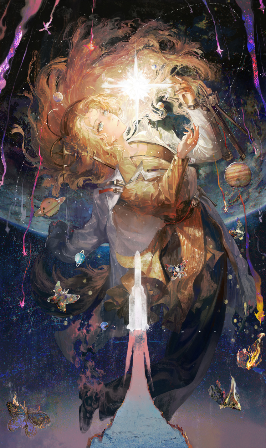 1girl, absurdres, arknights, blonde_hair, bug, burning, burning_paper, butterfly