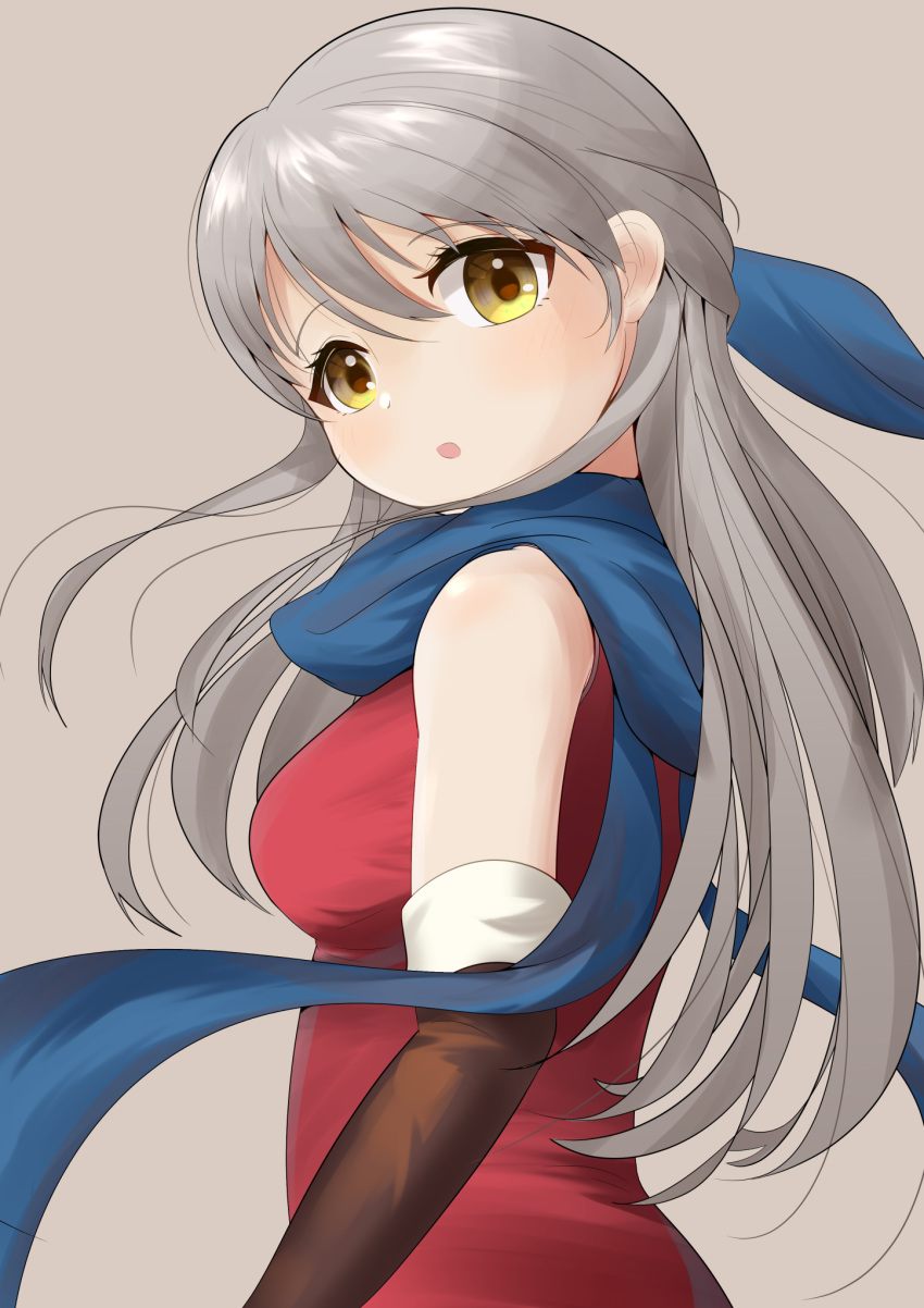 1girl, :o, bad_dobbyyyyy, bare_shoulders, black_gloves, blue_scarf, dress, elbow_gloves