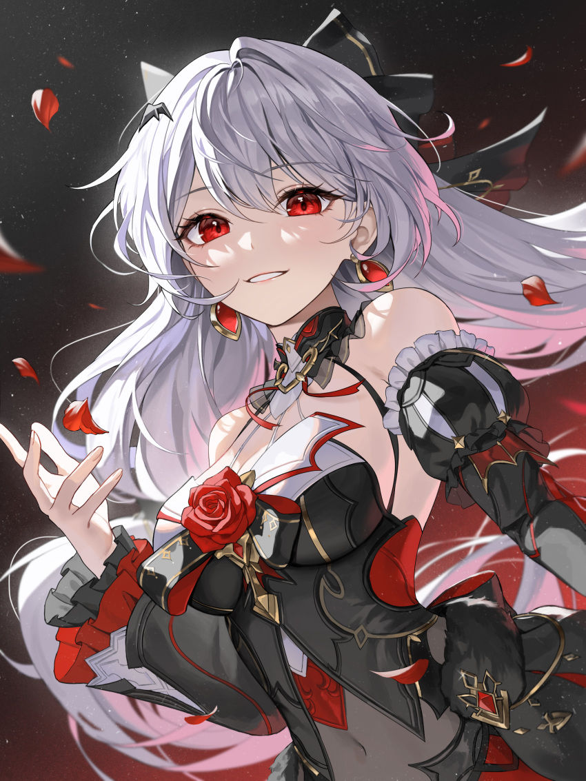 1girl, absurdres, black_dress, breasts, detached_sleeves, dress, earrings, falling_petals
