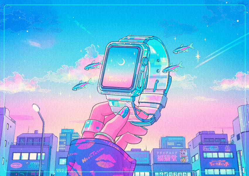 1girl, apple_watch, aqua_nails, artist_name, blue_sky, border, building, city, clouds, commentary, crescent_moon, evening, female_pov, fish, hand_up, highres, holding, jewelry, lamppost, long_sleeves, moon, multicolored_nails, multiple_rings, nail_polish, neon_lights, neon_tetra, original, out_of_frame, outdoors, pov, pov_hands, purple_nails, ring, sky, sleeves_past_wrists, smartwatch, solo, sparkle, tropical_fish, wacca005, watch, watch