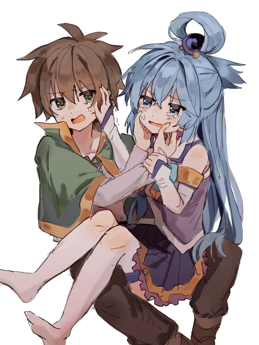 1boy, 1girl, absurdres, angry, aqua_(konosuba), black_pants, blue_eyes, blue_hair