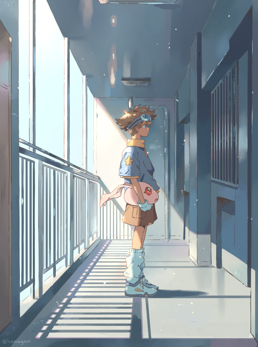 brown_shorts, child, digimon, digimon_(creature), digimon_adventure, gloves, goggles, goggles_on_head