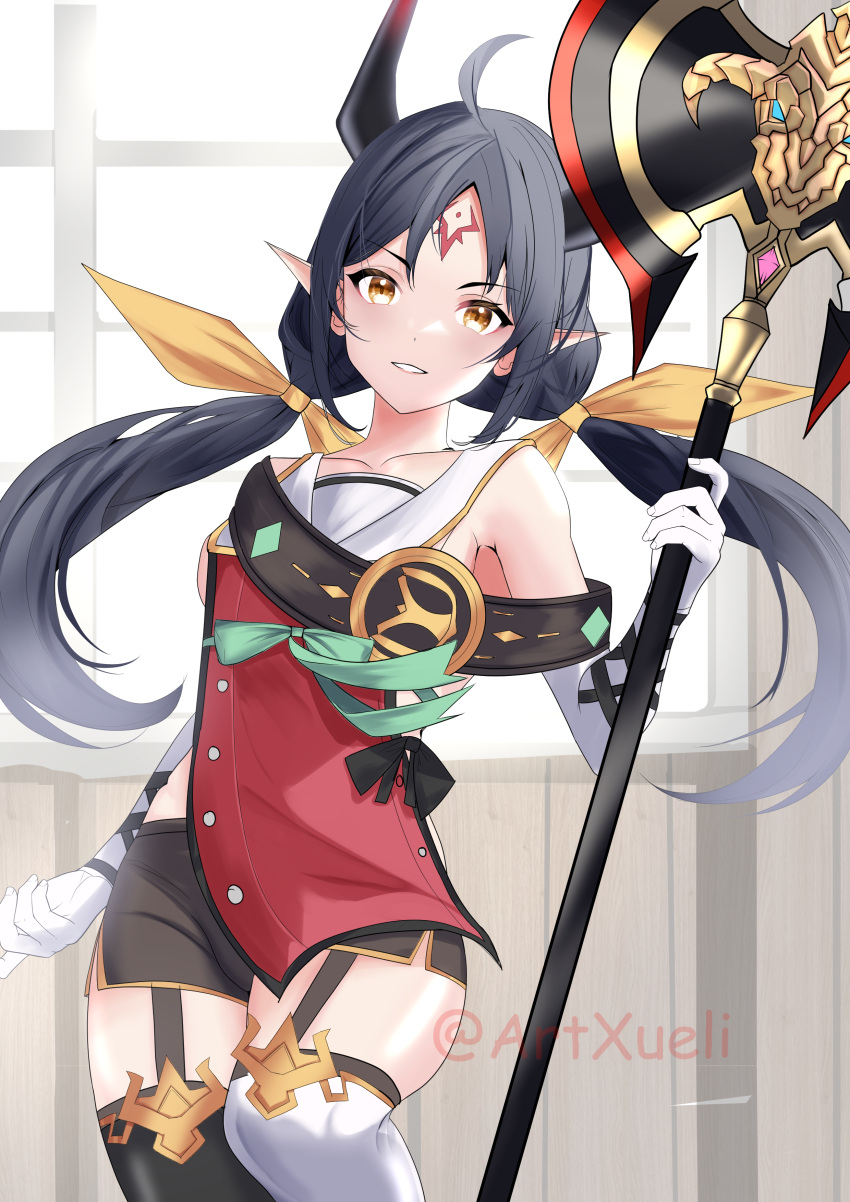 absurdres, apocalypse_ravi_(epic_seven), axe, epic_seven, highres, holding, holding_axe, horns