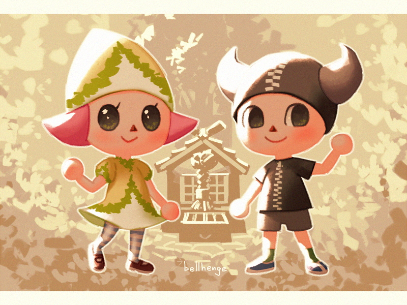 1boy, 1girl, :>, animal_crossing, anniversary, artist_name, bellhenge, black_eyes