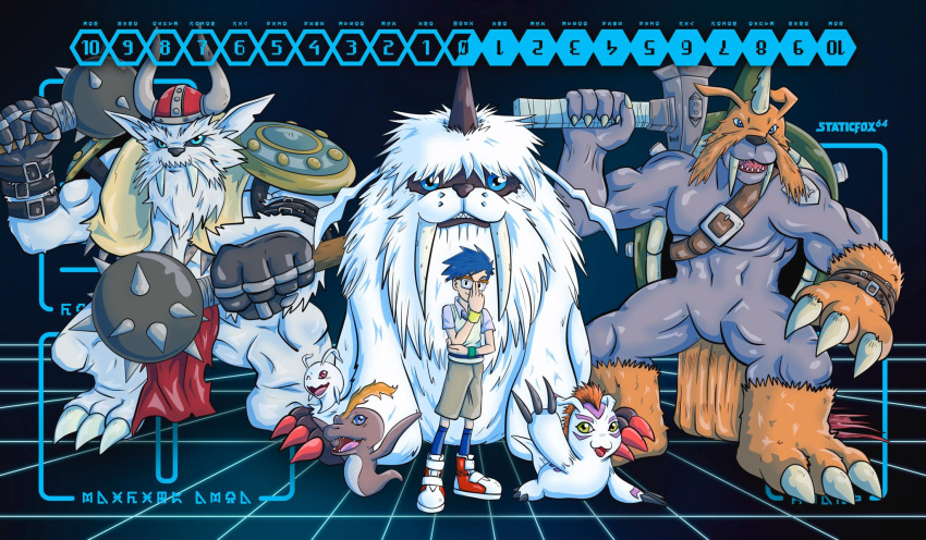 belt, blue_hair, claws, digimon, digimon_(creature), digimon_adventure, evolutionary_line, glasses, gomamon, hammer, highres, horns, ikkakumon, kido_jou, pitchmon, pukamon, salute, sharp_teeth, standing, staticfox64, tail, teeth, vikemon, zudomon