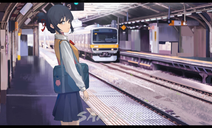 1girl, absurdres, anaen, bag, black_hair, black_skirt, blue_bag, blurry