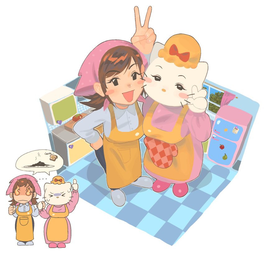 >_<, 2girls, apron, blush_stickers, brown_hair, chzzei, closed_mouth, cooking_mama