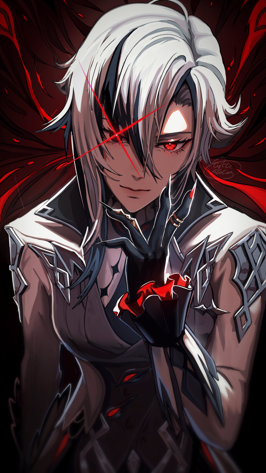 1girl, absurdres, arlecchino_(genshin_impact), black_eyes, black_hair, black_hands, black_nails, closed_mouth