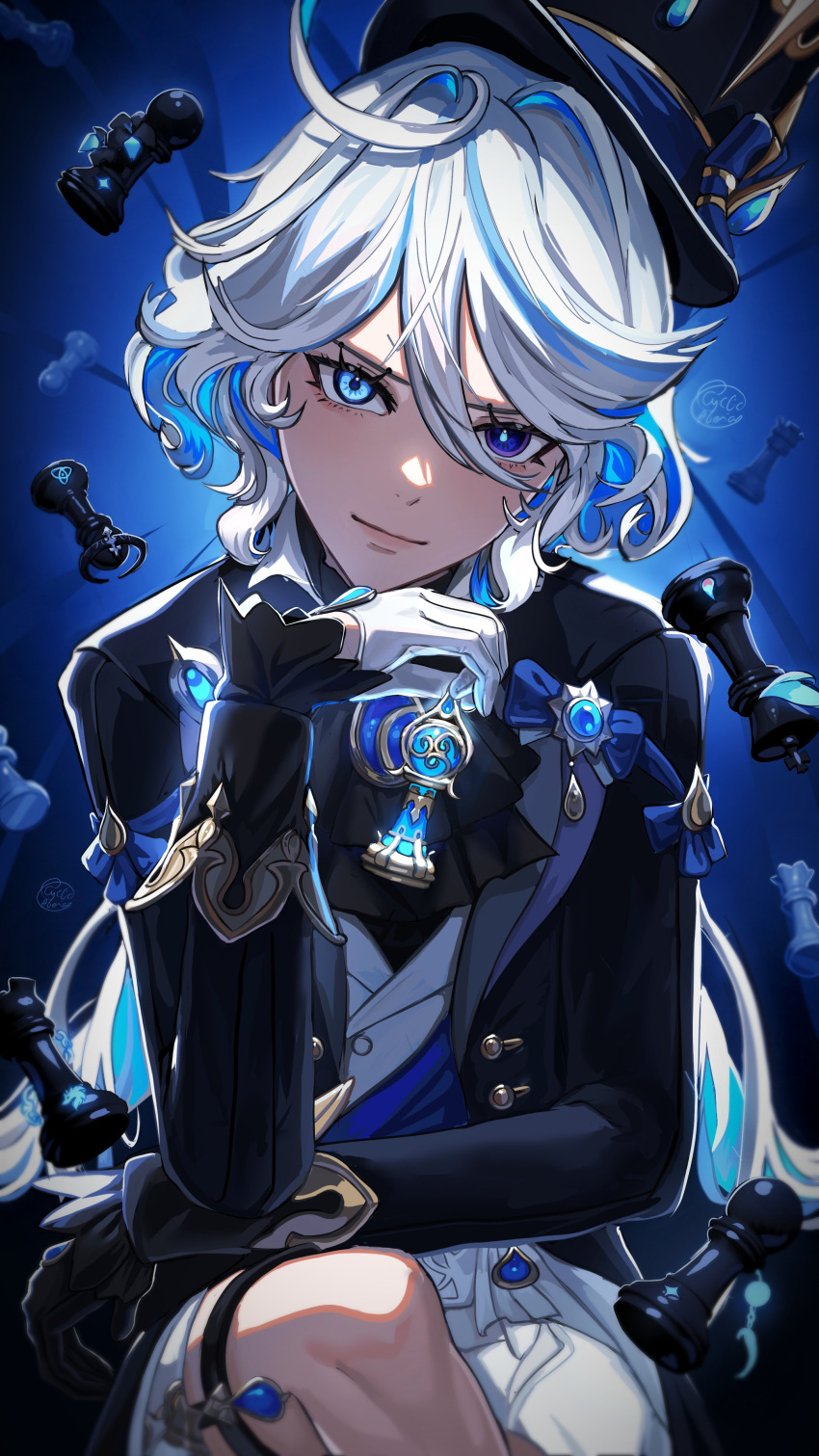 1girl, absurdres, ahoge, ascot, asymmetrical_gloves, black_ascot, black_gloves, blue_background