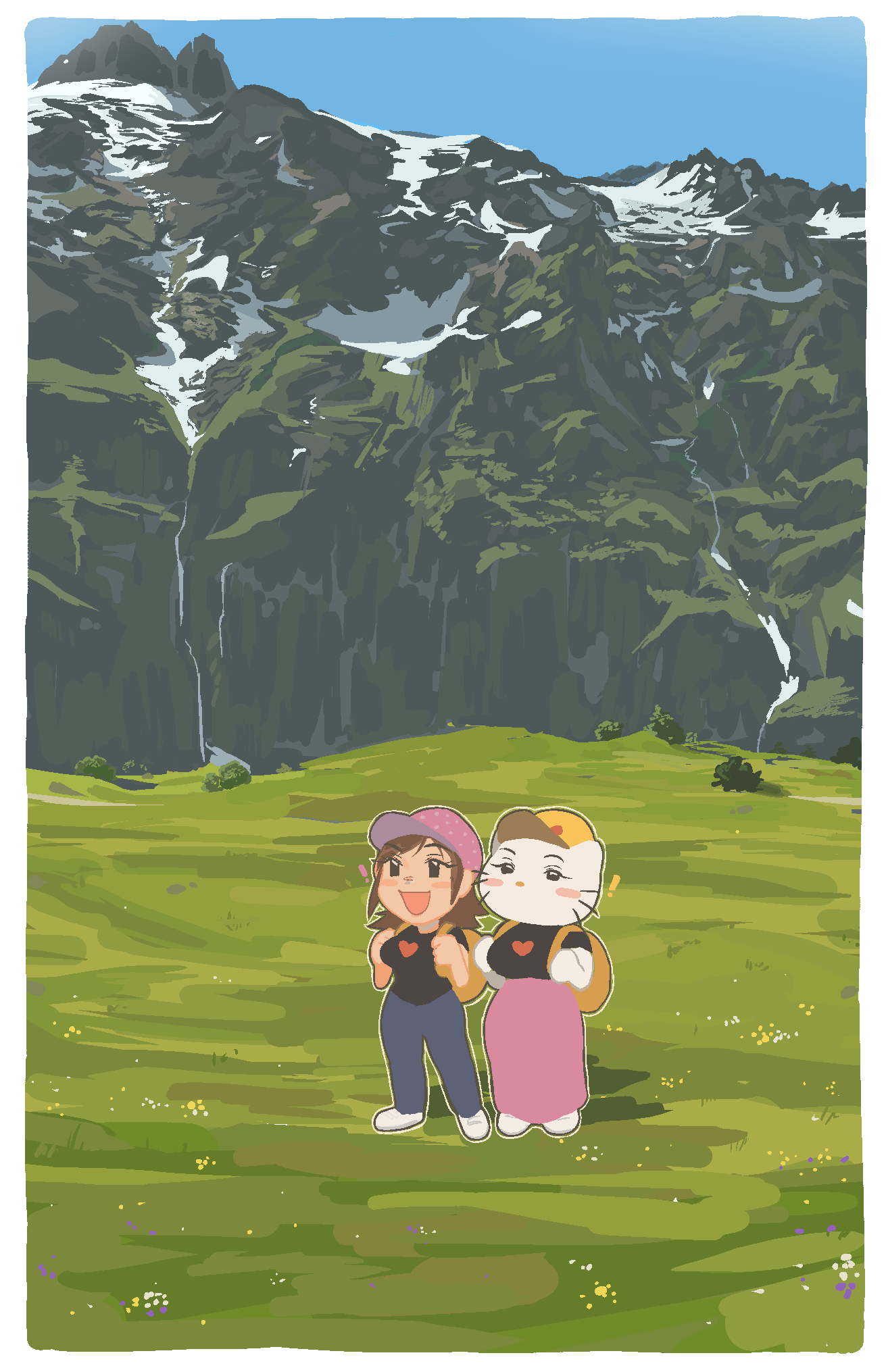!, 2girls, :d, backpack, bag, baseball_cap, black_shirt, blue_pants, blue_sky, blush_stickers, border, breasts, brown_hair, chzzei, cooking_mama, crossover, full_body, grass, hat, heart, heart_print, hello_kitty, highres, long_skirt, mama_(cooking_mama), mary_white, mountain, mountainous_horizon, multiple_girls, no_mouth, open_mouth, pants, pink_skirt, sanrio, shirt, skirt, sky, smile, whiskers, white_border