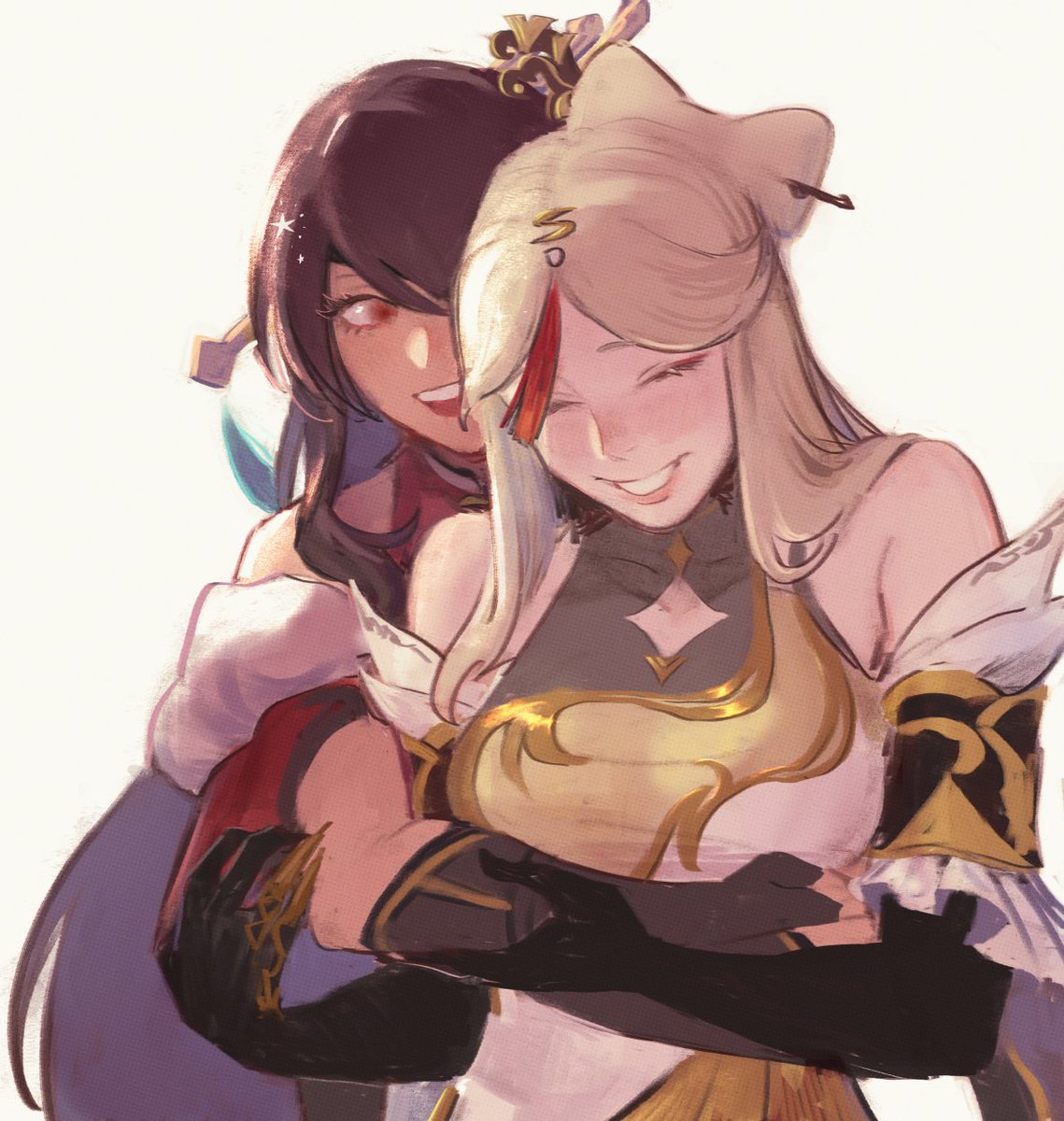 2girls, :d, ^_^, bare_shoulders, beidou_(genshin_impact), black_gloves, blonde_hair, bow-shaped_hair, brown_gloves, brown_hair, china_dress, chinese_clothes, claw_ring, closed_eyes, covered_collarbone, detached_sleeves, dress, elbow_gloves, fingerless_gloves, fur_trim, genshin_impact, gloves, glutentag, hair_ornament, hair_stick, hands_on_another's_arm, happy, highres, hug, hug_from_behind, long_hair, multiple_girls, ningguang_(genshin_impact), one_eye_covered, open_mouth, parted_bangs, red_eyes, simple_background, smile, swept_bangs, tassel, tassel_hair_ornament, upper_body, white_background, yellow_dress, yuri
